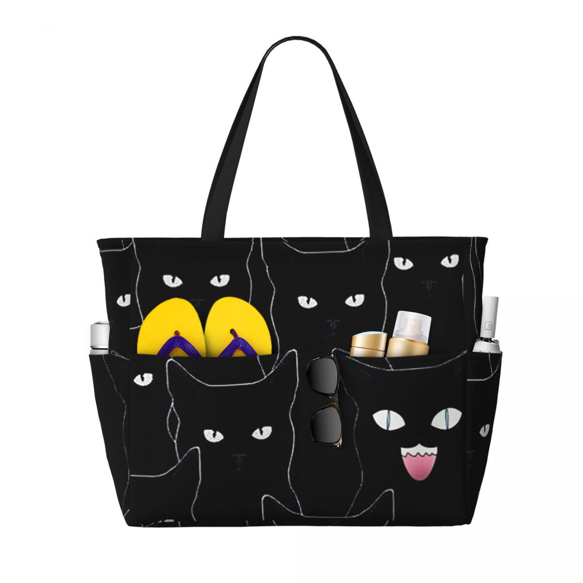 Tote Bag Beach - Colorful Cat Silhouettes Cartoon Black Cats