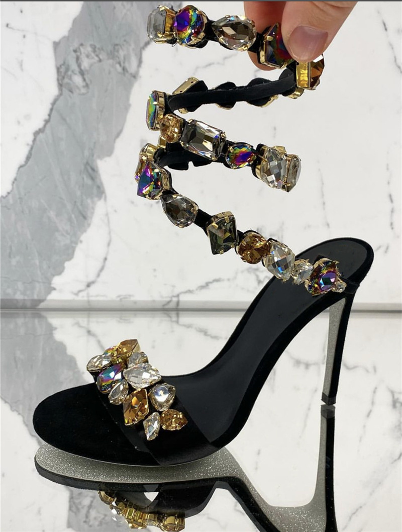 Sandal Strappy Heeled - Glitter Multi Rhinestone Snake-Liked Strap Sandals