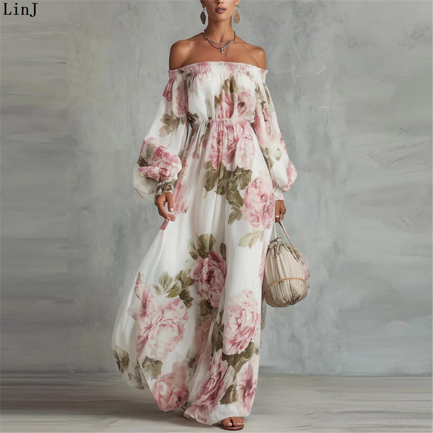 Midi Skirt Floral - LinJ2026 Women's Holiday One-Shoulder Floral Print