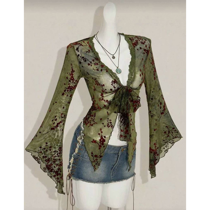 MEXZT Vintage Floral Mesh Shir - Romper Floral Print 评论和价格