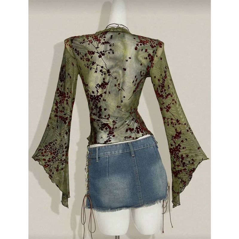 MEXZT Vintage Floral Mesh Shir - Romper Floral Print 评论和价格