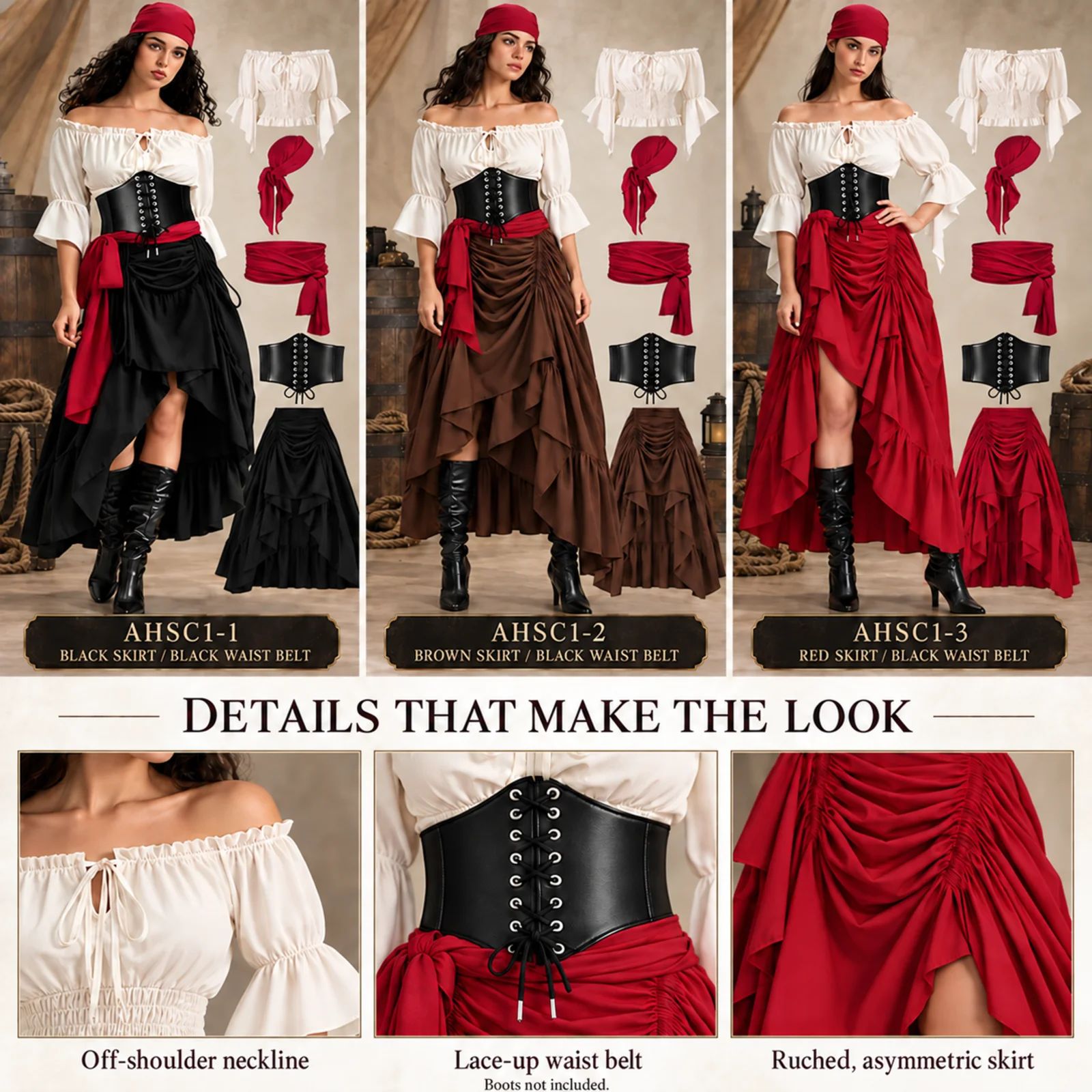 Women Pirate Costume Set Blous - Blouse Off Shoulder 评论和价格