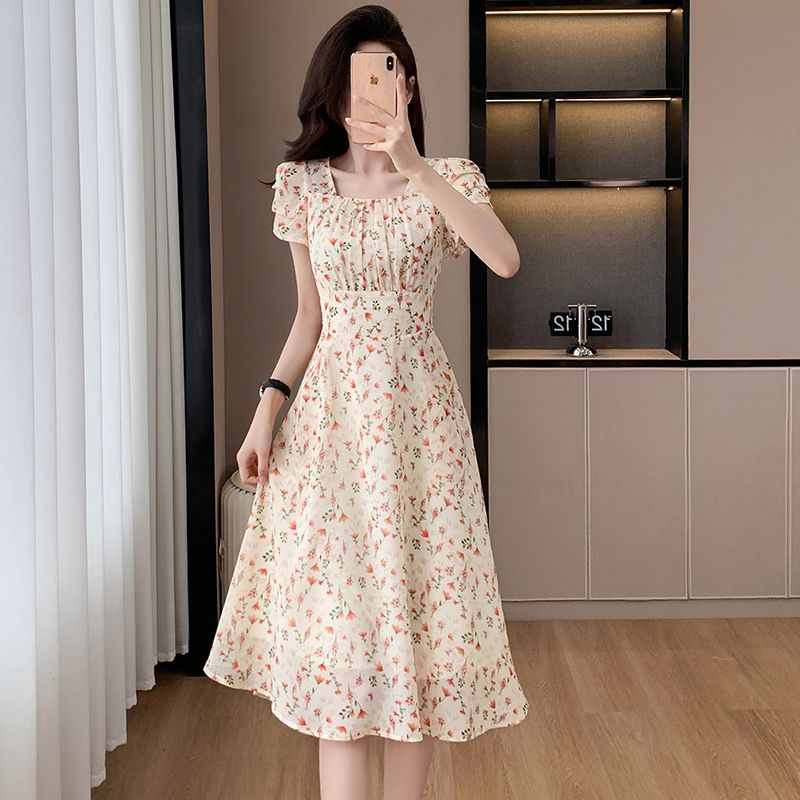 Womens Square Neck Puff Sleeve - Midi Skirt Floral 评论和价格