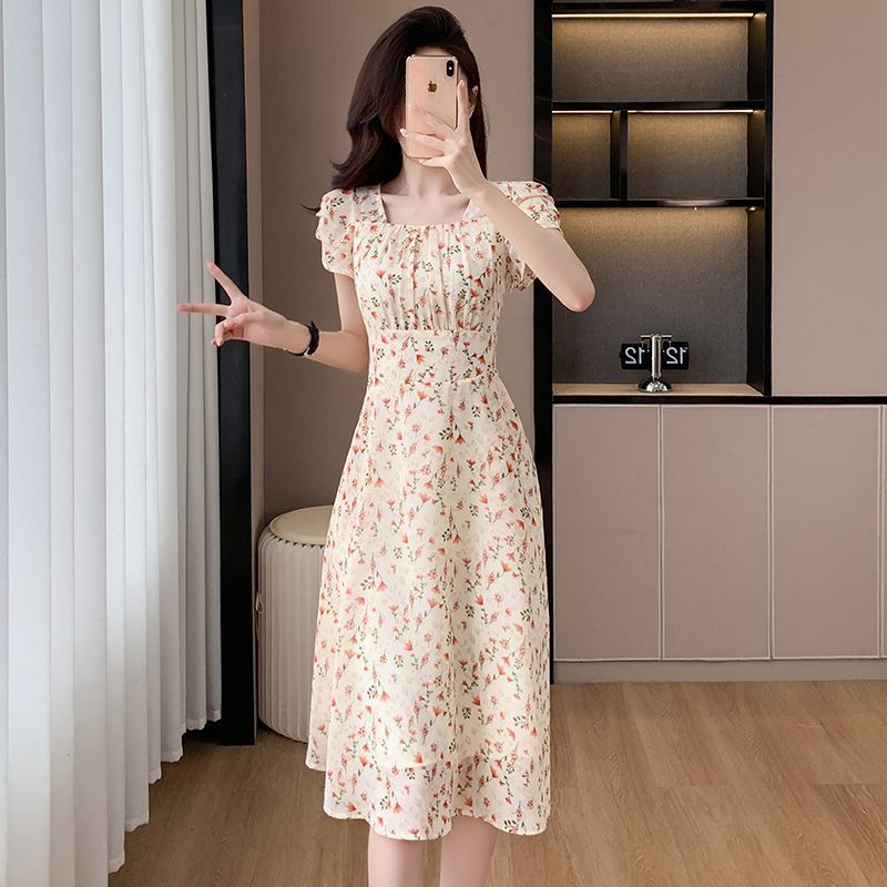 Womens Square Neck Puff Sleeve - Midi Skirt Floral 评论和价格