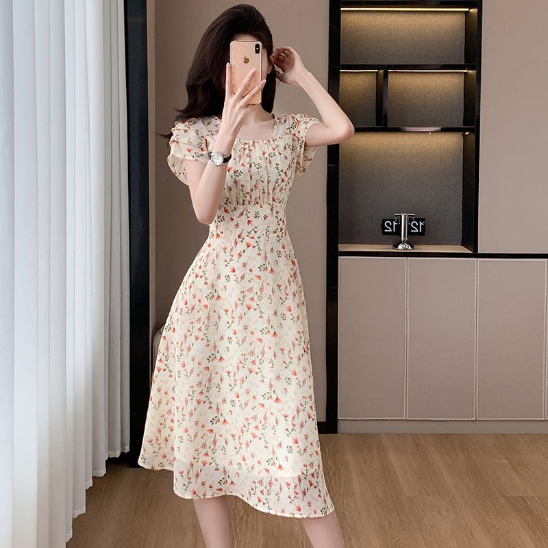Womens Square Neck Puff Sleeve - Midi Skirt Floral 评论和价格